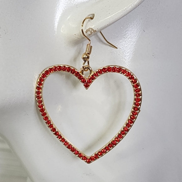 Gold with Red Crystal Stones Heart Drop Earrings Her - Picture 7 of 8